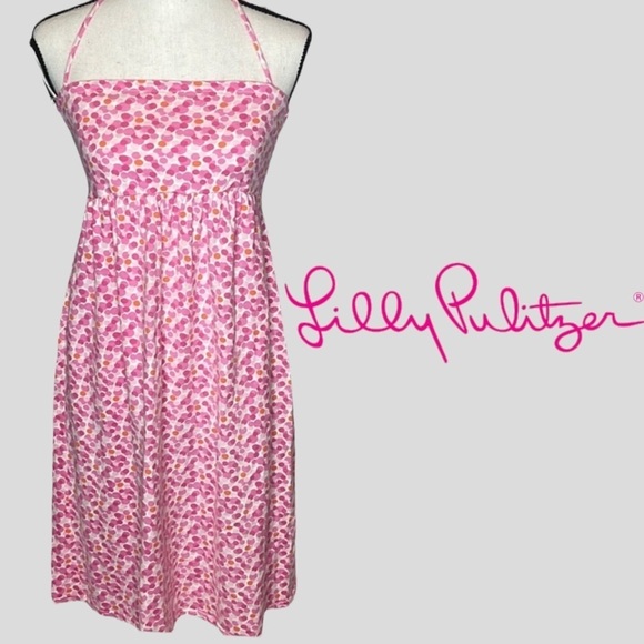 VINTAGE Lilly Pulitzer Dot Halter Summer Dress Small Orange Pink Cotton EUC - Picture 1 of 12